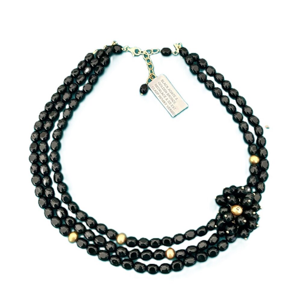 Blk Agate/ Pearl Flower Necklace 14KY Plated Sterling Silver David Yurman Style